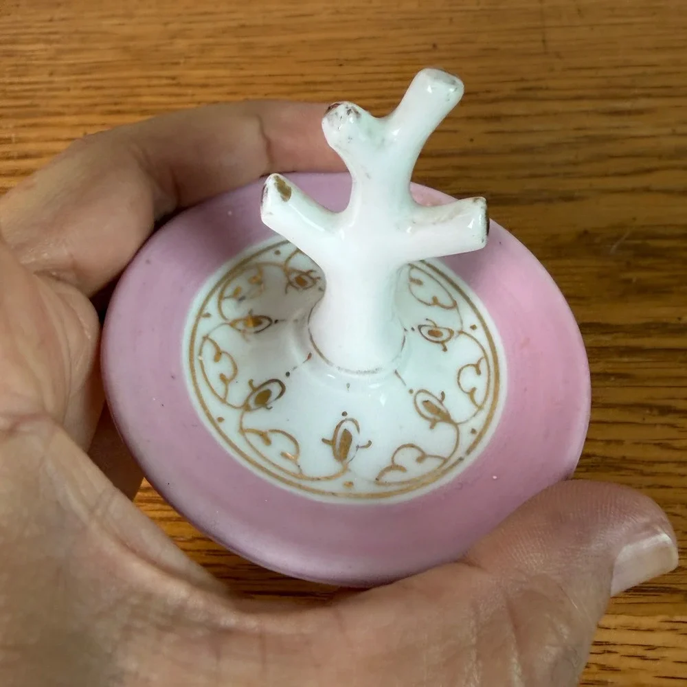 Vintage Porcelain Tree Branch Ring Holder Trinket Dish Pink Gold Scroll